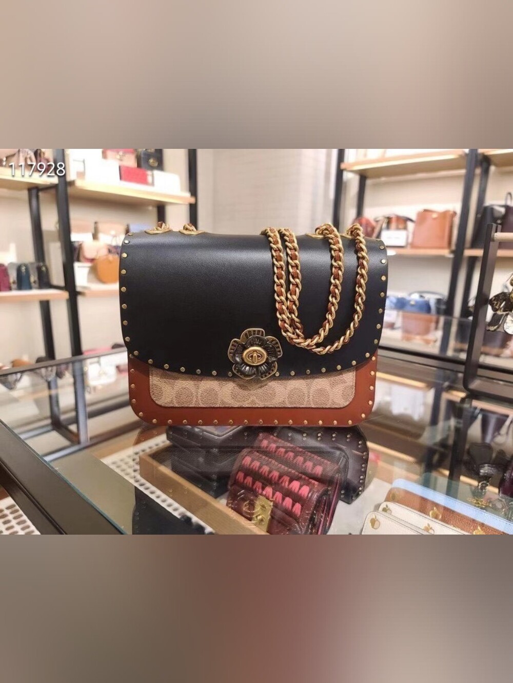 Coach Madison Black, Tan & Canvas Chain Shoulder Bag